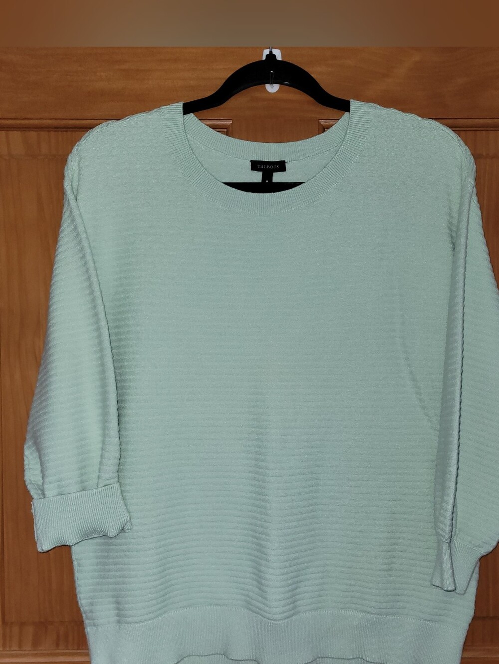 Talbots Womens M Mint Green Ribbed Sweater 3/4 Sleeves Minimalist